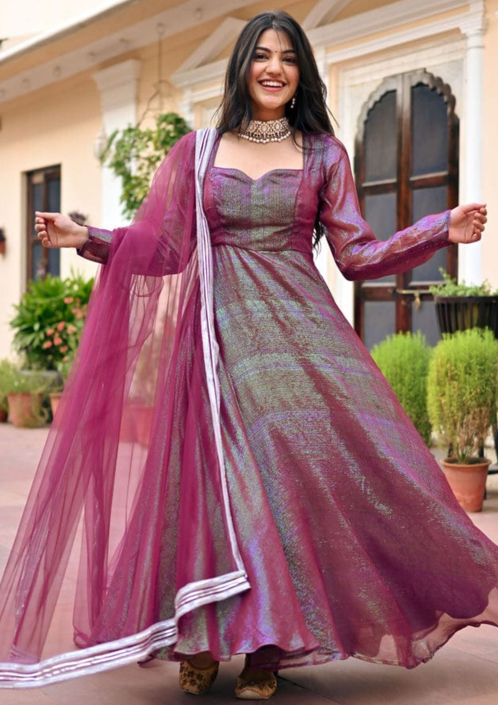 Shimmer Fabric Plain Anarkali Gown