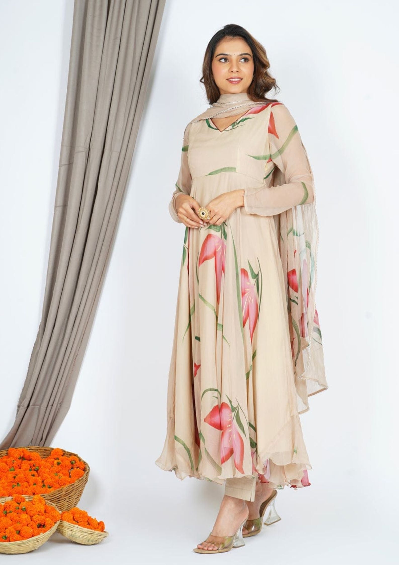 Cream Floral Printed Anarkali Gown With dupatta and Pant Set